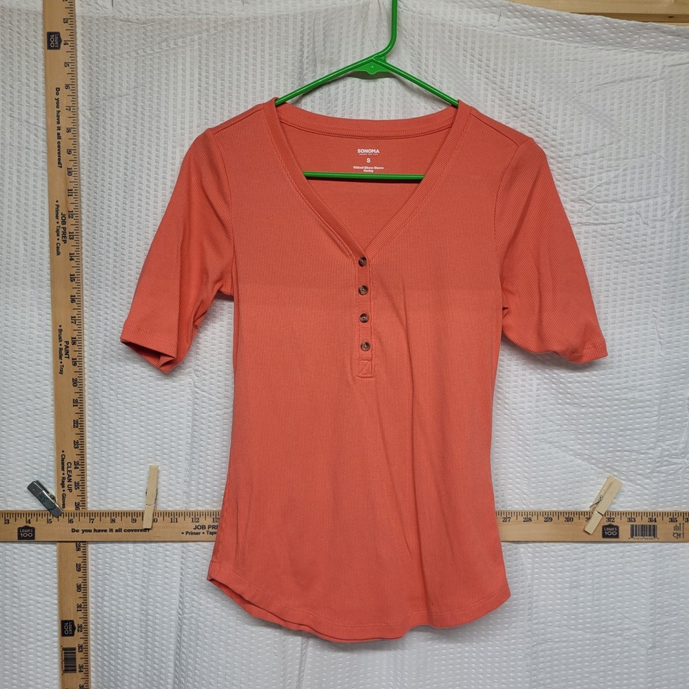 Sonoma Goods For Life Ribbed Elbow-Sleeve Henley Top Coral Orange Small
